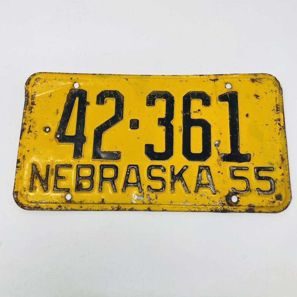 Vintage 50s Nebraska License Plate 1955 Yellow Black 42 361 Collectible